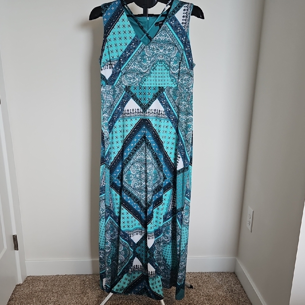 R&K Blue and Green Sleeveless V-Neck Sundress